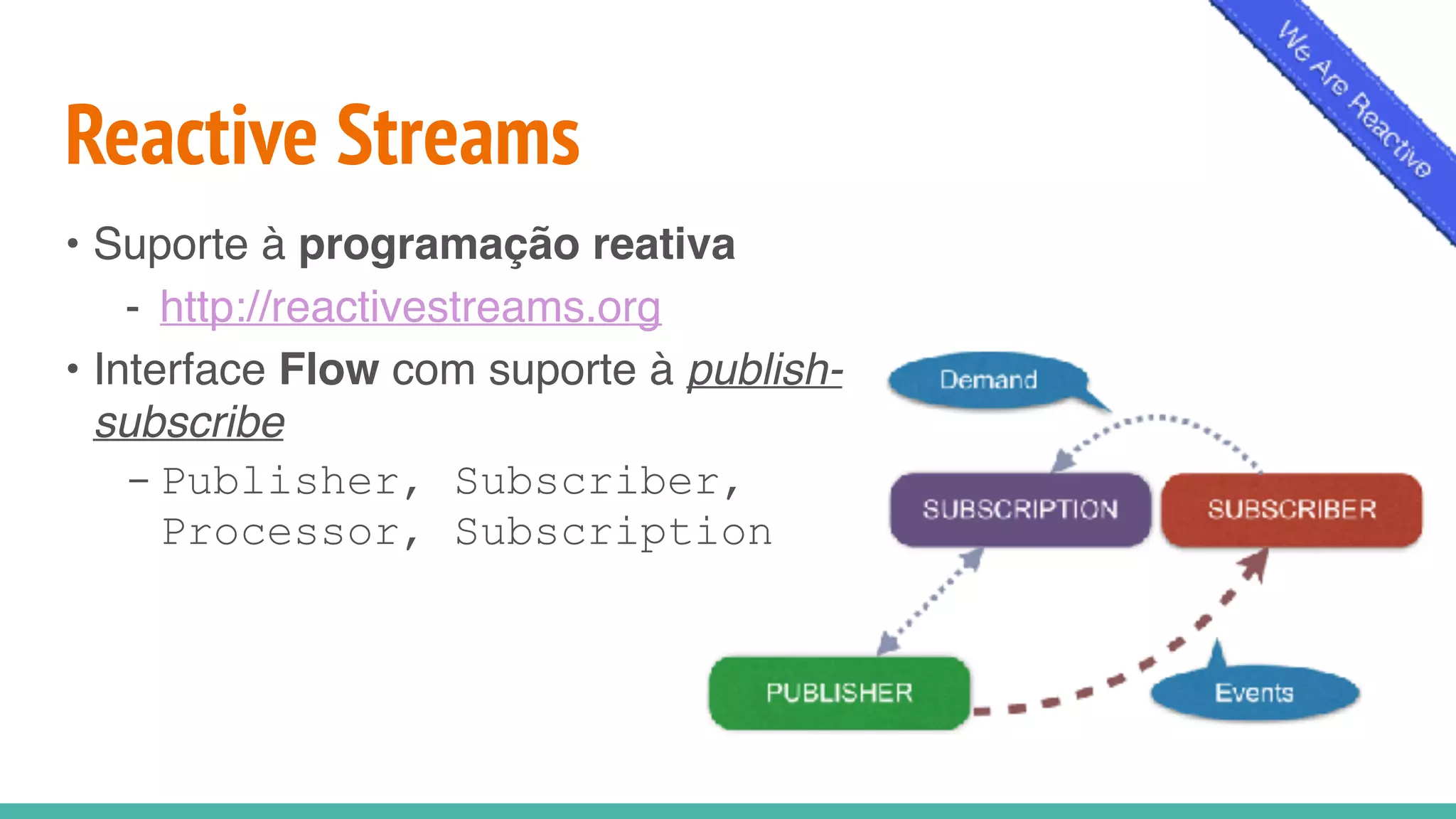 Reactive Streams
• Suporte à programação reativa
- http://reactivestreams.org
• Interface Flow com suporte à publish-
subscribe
- Publisher, Subscriber,
Processor, Subscription
 