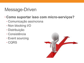 Message-Driven
• Como suportar isso com micro-serviços?
• Comunicação assíncrona
• Non blocking I/O
• Distribuição
• Consistência
• Event sourcing
• CQRS
 