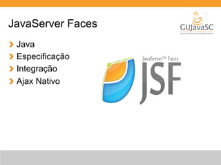 JavaServer Faces 
Java 
Especificação 
Integração 
Ajax Nativo 
 