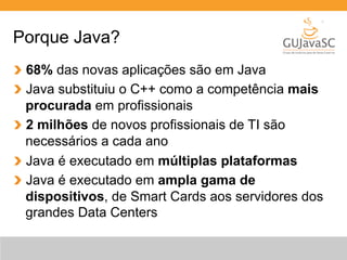 Porque Java? 
68% das novas aplicações são em Java 
Java substituiu o C++ como a competência mais 
procurada em profissionais 
2 milhões de novos profissionais de TI são 
necessários a cada ano 
Java é executado em múltiplas plataformas 
Java é executado em ampla gama de 
dispositivos, de Smart Cards aos servidores dos 
grandes Data Centers 
 