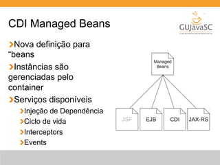 CDI Managed Beans 
Nova definição para 
“beans 
Instâncias são 
gerenciadas pelo 
container 
Serviços disponíveis 
Injeção de Dependência 
Ciclo de vida 
Interceptors 
Events 
 