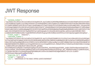 JWT Response
{
"access_token":
"eyJhbGciOiJSUzI1NiIsInR5cCI6IkpXVCJ9.eyJleHAiOjE0OTMyODMxNzksInVzZXJfbmFtZSI6InVzZXI
iLCJhdXRob3JpdGllcyI6WyJVU0VSIiwiTUFOQUdFUiJdLCJqdGkiOiJkMGY5OTY2OC01NzdkLTRkZTEtODkw
Yi1hNDY1MTBkZjg2YjAiLCJjbGllbnRfaWQiOiJjbGllbnQiLCJzY29wZSI6WyJvcGVuaWQiXX0.iH1pnwJZP
Zi05hdpY9MDGIvtx34Dj8lxc5fdU5c5NCCtUblT_L9kdZO6NaOIIZffbGzSHoyVUEZkSwkGXm6lT1jRTcOHq2
khAZlwmO3hN3c1xb8bumAgmpF8fJSIKTVIkFJpbVO4uDfHSSbBm6QsTbqHkNgNwWSWbNG1n6ZlsHCcZCh37cm
gbh-B4tPD9QEfH3CSI6Z7AgUbS9UCIytjm02sgxgAr3liOcykRrdcOvxgIBx_yGDvornQ5JOBVdW-TS0-
uJmHe6sHCFYeBNchJhRi7xqZCMYFD6IcP4dftPupzg3IMl5oWberxhZTCCLoi18JtQyZgIgqmSlOAIq8wg",
"token_type": "bearer",
"refresh_token":
"eyJhbGciOiJSUzI1NiIsInR5cCI6IkpXVCJ9.eyJ1c2VyX25hbWUiOiJ1c2VyIiwic2NvcGUiOlsib3Blbml
kIl0sImF0aSI6ImQwZjk5NjY4LTU3N2QtNGRlMS04OTBiLWE0NjUxMGRmODZiMCIsImV4cCI6MTQ5NTgzMTk3
OSwiYXV0aG9yaXRpZXMiOlsiVVNFUiIsIk1BTkFHRVIiXSwianRpIjoiOWVjNWQwY2QtYzhiNy00ZDJmLWFjZ
GQtMGFhMDNhYThjNWM5IiwiY2xpZW50X2lkIjoiY2xpZW50In0.fXSafC9Fuj7rKnDIau9vOmIU4Bn11tLUgx
_5sMOvzFW1sZtzdmJ8cZ7vMJc34Gu9F_gYtBa-
AczYPNFp6ZL2aWgUXllVekSpfCgqPqruTjX2IZdJFk0_4koVAfCpgg3CS88_joQhi3hU0vnXpvse2waA7yT-
zoytt0kbeh_FPsYkTsmZjgmeEyyJqFlxJ0ihSGqvMwCUnPKDz9uZxgvgv_mV_2dXX6PYuDAejIjeHkTCnLeT_
i1jH5BtJbLzBliIu2XxdyXzpwgJRnUHNkLWIih0UvJZrDAETTVEIbqm58AG9l-d7c1T-3idTU-
XC09VZsaL1BQnzp0FzqHXmIY5Og",
"expires_in": 43199,
"scope": "openid",
"jti": "d0f99668-577d-4de1-890b-a46510df86b0"
}
 