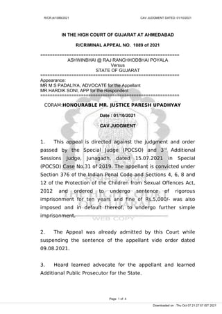 R/CR.A/1089/2021 CAV JUDGMENT DATED: 01/10/2021
IN THE HIGH COURT OF GUJARAT AT AHMEDABAD
R/CRIMINAL APPEAL NO. 1089 of 20...