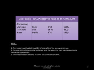 All source and data taking from authetic website data Bus Panels – DAVP approved rates as on 13.05.2009  NOTE :  1. The rates are valid up to the validity of sole rights of the agency concerned.  2. The sole right validity must be confirmed from the respective state transport authority  before placing any order.  3. The rates are applicable only on terms and conditions of DAVP.  