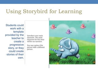 Using Storybird for Learning
Students could
work with a
template
provided by the
teacher to
create a
progressive
story, or they
could create
stories of their
own.

 