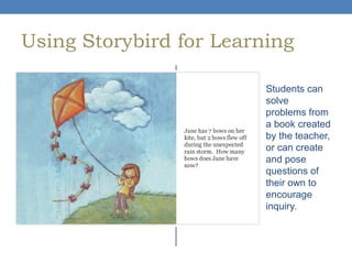 Using Storybird for Learning
Students can
solve
problems from
a book created
by the teacher,
or can create
and pose
questions of
their own to
encourage
inquiry.

 