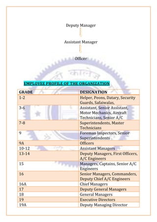 Deputy Manager
Assistant Manager
Officer
EMPLOYEE PROFILE OF THE ORGANIZATION
GRADE DESIGNATION
1-2 Helper, Peons, Datary, Security
Guards, Safaiwalas,
3-6 Assistant, Senior Assistant,
Motor Mechanics, Aircraft
Technicians, Senior A/C
7-8 Superintendents, Master
Technicians
9 Foreman Inspectors, Senior
Superintendents
9A Officers
10-12 Assistant Managers
13-14 Deputy Managers, First Officers,
A/C Engineers
15 Managers, Captains, Senior A/C
Engineers
16 Senior Managers, Commanders,
Deputy Chief A/C Engineers
16A Chief Managers
17 Deputy General Managers
18 General Managers
19 Executive Directors
19A Deputy Managing Director
 