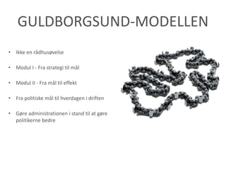 GULDBORGSUND-MODELLEN
• Ikke en rådhusøvelse
• Modul I - Fra strategi til mål
• Modul II - Fra mål til effekt
• Fra politiske mål til hverdagen i driften
• Gøre administrationen i stand til at gøre
politikerne bedre
 