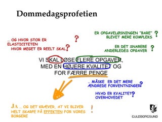 VI SKAL LØSE FLERE OPGAVER,
MED EN HØJERE KVALITET OG
FOR FÆRRE PENGE
HVOR MEGET ER REELT SKAL
ER DET SNARERE
ANDERLEDES OPGAVER
ER OPGAVELØSNINGEN ”BARE”
BLEVET MERE KOMPLEKS
… MÅSKE ER DET MERE
ÆNDREDE FORVENTNINGER
HVAD ER KVALITET
OVERHOVEDET
JA … OG DET KRÆVER, AT VI BLIVER
HELT SKARPE PÅ EFFEKTEN FOR VORES
BORGERE
… OG HVOR STOR ER
ELASTICITETEN
Dommedagsprofetien
 
