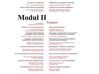 Modul IIProjekter
Ny metode for tværfaglig BUM
GUSA som gennemgående redskab
Styrkelse af lokale inkluderende fællesskaber
Nye tværgående samarbejdsformer
internt i organisationen
Udbygning af faglige
og sociale relationer
Lederudvikling
- ledelsesakademi/introforløb
Hvordan styrer vi det nye ejendomscenter
Ændrede myndighedsroller
- vejledning og dialog som redskaber
Systematisk tilgang til optimering
af arbejdsgange og gevinstrealisering
Positivt omdømme, branding af kommunen
Imagepleje - hvad skal der til for at
kommunen bliver attraktiv for tilflyttere
Udvikling af boligmassen, så den
afspejler vores ambitionsniveau
Iværksætteri med kommunen som facilitator
Hvordan høster vi gevinsten af de store
infrastrukturprojekter på længere sigt?
Eleverne skal arbejde med iværksætteri & innovation
Fokus på at gøre børnene skoleparate
i kommunens dagtilbud
Fokus på at skabe kvalitet i uddannelsesforløbet
Implementering af reformen
- fra undervisning til læring
Flest muligt unge skal være selvforsørgende
Fastholdelse af sårbare børn/
unge i uddannelsessystemet
Folkeskolen skal mindske betydningen af
social baggrund for de faglige resultater
Rehabilitering som forebyggende foranstaltning
Mindskelse af den sociale
ulighed på sundhedsområdet
Idrætscampus - hvordan medvirker vi til at det bliver
et socialt bredt favnende idræts- og fritidstilbud
Samarbejdet med foreninger og frivillige
Med borgernes ressourcer som omdrejningspunkt
for opgaveløsningen (samskabelse)
Fælles visitation (§§ 83 og 85)
Udvikling af den tværgående sundhedsindsats
Størst mulig effekt af den sundhedsfremmende
og forebyggende indsats
Styrkelse af det tværsektorielle samarbejde
med øvrige aktører på sundhedsområdet
Bedre kvalitet i sagsbehandlingen
Øget digitalisering - muligheder og udfordringer
Borgernes brug af understøttende velfærdsteknologier
Team- og institutionsledere inddrages
i den løbende beslutningsproces
Fra fravær til nærvær - trivsel på arbejdspladsen
Hovedudvalgets inddragelse
i budgetprocessen
Kompetenceudvikling af medarbejderne
 