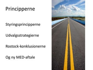 Principperne
Styringsprincipperne
Udvalgsstrategierne
Rostock-konklusionerne
Og ny MED-aftale
 