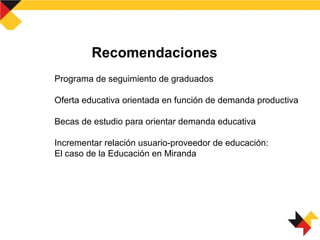 Programa de seguimiento de graduados
Oferta educativa orientada en función de demanda productiva
Becas de estudio para orientar demanda educativa
Incrementar relación usuario-proveedor de educación:
El caso de la Educación en Miranda
Recomendaciones