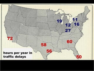 19      11
                                12 16
                                27
  72
                                60
                    58
hours per year in     56
traffic delays                       50
 
