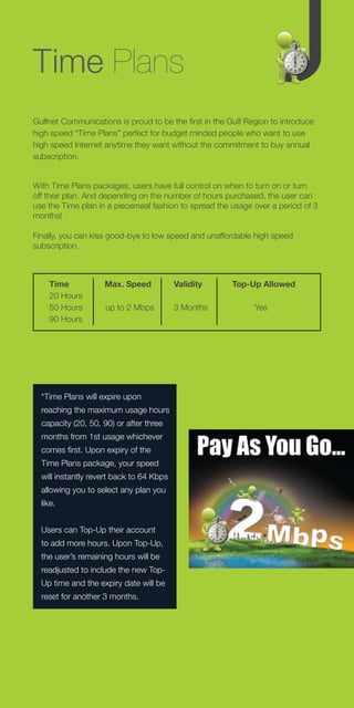 Time Plans
Gulfnet Communications is proud to be the first in the Gulf Region to introduce
high speed “Time Plans” perfect for budget minded people who want to use
high speed Internet anytime they want without the commitment to buy annual
subscription.


With Time Plans packages, users have full control on when to turn on or turn
off their plan. And depending on the number of hours purchased, the user can
use the Time plan in a piecemeal fashion to spread the usage over a period of 3
months!

Finally, you can kiss good-bye to low speed and unaffordable high speed
subscription.



    Time            Max. Speed            Validity      Top-Up Allowed
    20 Hours
    50 Hours         up to 2 Mbps         3 Months            Yes
    90 Hours




  *Time Plans will expire upon
  reaching the maximum usage hours
  capacity (20, 50, 90) or after three
  months from 1st usage whichever
  comes first. Upon expiry of the
  Time Plans package, your speed
  will instantly revert back to 64 Kbps
  allowing you to select any plan you
  like.


  Users can Top-Up their account
  to add more hours. Upon Top-Up,
  the user’s remaining hours will be
  readjusted to include the new Top-
  Up time and the expiry date will be
  reset for another 3 months.
 