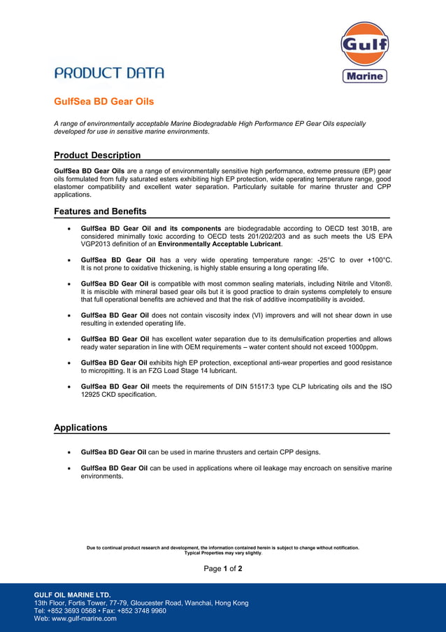 Gulf sea bd gear oil 100 PDF