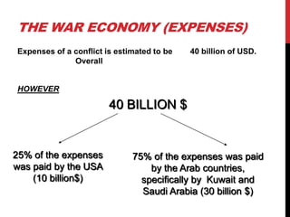 THE WAR ECONOMY (EXPENSES)
Expenses of a conflict is estimated to be
Overall

40 billion of USD.

HOWEVER

40 BILLION $

25% of the expenses
was paid by the USA
(10 billion$)

75% of the expenses was paid
by the Arab countries,
specifically by Kuwait and
Saudi Arabia (30 billion $)

 