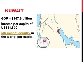 KUWAIT
GDP – $167.9 billion
Income per capita of
US$81,800
5th richest country in
the world, per capita.

 