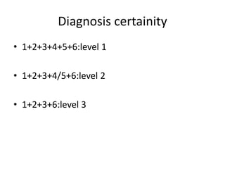 Diagnosis certainity
• 1+2+3+4+5+6:level 1
• 1+2+3+4/5+6:level 2
• 1+2+3+6:level 3