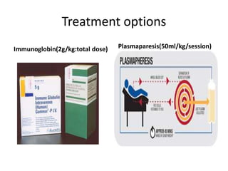 Treatment options
Immunoglobin(2g/kg:total dose) Plasmaparesis(50ml/kg/session)