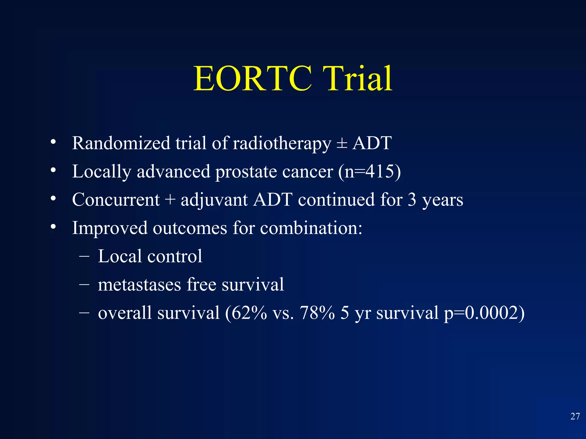 EORTC Trial
•   Randomized trial of radiotherapy ± ADT
•   Locally advanced prostate cancer (n=415)
•   Concurrent + adjuvant ADT continued for 3 years
•   Improved outcomes for combination:
     – Local control
     – metastases free survival
     – overall survival (62% vs. 78% 5 yr survival p=0.0002)




                                                               27
 