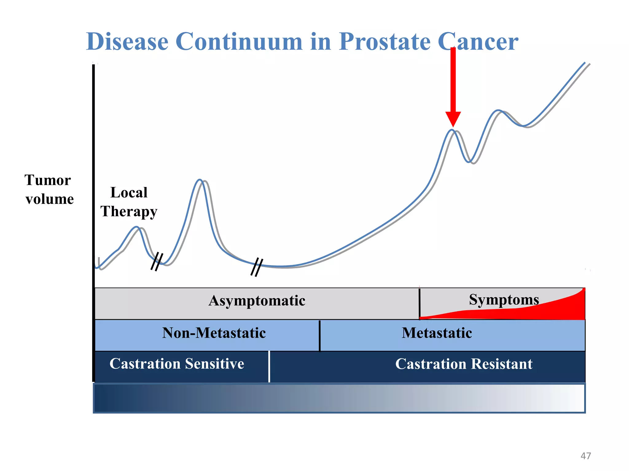 Disease Continuum in Prostate Cancer




Tumor
volume     Local
          Therapy




                          Asymptomatic             Symptoms

                    Non-Metastatic       Metastatic
           Castration Sensitive          Castration Resistant




                                                                47
 