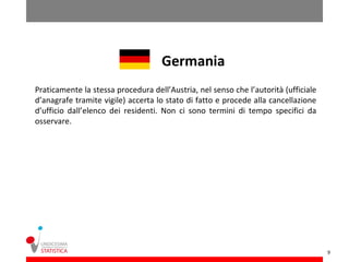 Germania
Praticamente la stessa procedura dell’Austria, nel senso che l’autorità (ufficiale
d’anagrafe tramite vigile) accerta lo stato di fatto e procede alla cancellazione
d’ufficio dall’elenco dei residenti. Non ci sono termini di tempo specifici da
osservare.




                                                                                     9
 