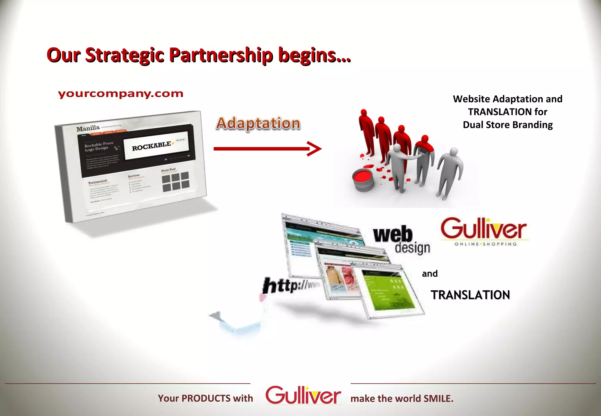 Our Strategic Partnership begins…
                                                     Website Adaptation and
                                                       TRANSLATION for
                                                      Dual Store Branding




                                               and

                                                 TRANSLATION




            Your PRODUCTS with   make the world SMILE.
 