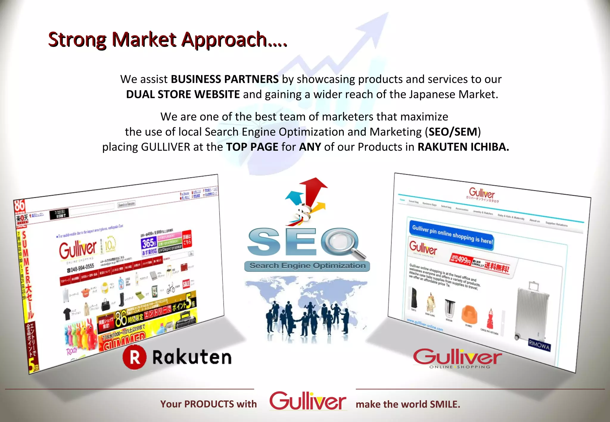 Strong Market Approach….
        We assist BUSINESS PARTNERS by showcasing products and services to our
         DUAL STORE WEBSITE and gaining a wider reach of the Japanese Market.
                 We are one of the best team of marketers that maximize
          the use of local Search Engine Optimization and Marketing (SEO/SEM)
     placing GULLIVER at the TOP PAGE for ANY of our Products in RAKUTEN ICHIBA.




               Your PRODUCTS with                  make the world SMILE.
 