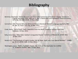 Bibliography

Bentman, Raymond. “Satiric Structure and Tone in the Conclusion of Gulliver’s Travels.” Studies in
          English Literature, 1500-1900 Vol 11, No. 3. Restoration and Eighteenth Century(Summer,
          1971) Pg. 535-548. JSTOR. 25 Nov. 2012.

Carnochan, W.B. “Human Behavior Mind and Body in literature” Modern Language Quarterly; Mar
           64, Vol. 25, Issue 1 p5, 17p. 25 Nov. 2012.

Cviak, Henry. “Left of Swift.”Swift: Selections From His Work. Literature Sources from Gale.
           Database. 22 Nov. 2012.

Kelly, Anne Cline. “After Eden: Gulliver's (Linguistic) Travels.” ELH 45.1 (1978):33-54. JSTOR. Web.
             25 Nov. 2012.

Nuttal, A.D. “The Yearbook of English Studies, Vol 18, Pope. Swift, and Their Special Number” (1988),
             pp. 51-67. JSTOR. Web. 25 Nov. 2012.

Washington, Gene. "Swift's 'Gulliver's Travels,' bk. 4, ch. 1." The Explicator 52.2 (1994):
          75. Academic OneFile. Web. 25 Nov. 2012.
 