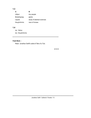 1.3
A B
Lilliput tiny people
Brobdingnag giants
Laputa study of abstract sciences
Houyhnhnms race of horses
1.4
(a) Yahoo
(b) Houyhnhnms
Field Work :
Read Jonathan Swift's satire A Tale of a Tub.
❑ ❑ ❑
Jonathan Swift : Gulliver's Travels / 13
 