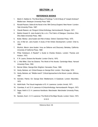 SECTION - A
REFERENCE BOOKS
1. Martin C. Battles tin. The Moral Basis of Fieldings ? s Art A Study of "Joseph Andrews?
Middle town: Wesleyan University Press 1959.
2. Ronald Paulson, Satire & the Novel in the 18th Century England. New Haven / London:
Yale University Press, 1967.
3. Claude Rawson, ed. Penguin Critical Anthology. Harmondsworth: Penguin, 1971
4. Babbis Howard S. Jane Austen's No v el s: The Fabric of Dialogue. Columbus, Ohio:
Ohio State University Press, 1962.
5. Butler, Marilyn. Jane Austen and War of ideas. Oxford: Clarendon Press, 1975.
6. Litz, A Wal ton. Jane Austen: A study of Her Artistic Development. London: Chat to,
1965.
7. Mudrick, Marvin Jane Austen: Irony as Defence and Discovery. Berkeley, California.
University of California Press, 1968
8. Philip Hobsbaum, A Reader? s Guide to Charles Dickens. London: Thames and
Hudson, 1972.
9. F. R. Leavis, Dickens the Novelist. London Chat to, 1970.
10. J. Hills Miller, Char les Dickens: The World of His Novels. Cambridge Mass. Harvard
University Press, 1952.
11. Banner Gillian, George Eliot, Brighton: Harvester, Press, 1986.
12. Hardy, Barbara. ed. Critical Essays on George Eliot. London : Rout ledge, 1979.
13. Hardy, Barbara. ed. "Middle march": Critical Approaches to the Novel. London Athlone,
1967.
14. Swinden, Patrick. Ed. George Eliot: Middlemarch, A Casebook. London: Macmillan,
1972
15. Aldritt Keith. The Visual imagination of D. H. Lawrence. London: Arnold, 1971.
16. Coombes, H. ed. D. H. Lawrence: A Critical Anthology. Harmondsworth: Penguin, 1973.
17. Sagar, Keith A. D. H. Lawrence Handbook. Manchester. Manchester University Press,
1982.
18. Sanders, Scot t . D. H. Lawrence: The World of the Major Novels. London: Vision, 1973.
❑ ❑ ❑
Reference Book / 86
 