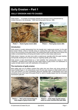 © Catchments & Creeks Pty Ltd April 2010 Page 1
Gully Erosion – Part 1
GULLY EROSION AND ITS CAUSES
Gully erosion – “A complex of processes whereby the removal of soil is characterised by
incised channels in the landscape.” NSW Soil Conservation Service, 1986.
Photo 1 – Head of gully erosion (Qld) Photo 2 – Rural gully erosion (SA)
Introduction
Gully erosion is usually distinguished from the boarder term ‘watercourse erosion’ by the path
the erosion follows, which is normally along an overland flow path rather than along a creek.
Prior to the occurrence of the gully erosion, the overland flow path would likely have carried only
shallow concentrated flows conveying stormwater runoff to a down-slope watercourse.
Gully erosion, however, can also occur within a watercourse, typically within the upper reaches,
and typically resulting from an active ‘head-cut’ migrating rapidly up the valley.
Gully erosion is best characterised as a ‘bed instability’ that subsequently causes in ‘bank
instabilities’. Unstable banks maybe the most visible aspect of gully erosion; but stabilisation of
a gully normally needs to start with stabilisation of the gully bed.
The mechanics of gully erosion
Most gullies start out as shallow overland flow paths that carry flows only during periods of
heavy rainfall (Figure 1). An extraordinary event of some type causes an initial erosion point or
‘nick’ point (Photo 3) to form somewhere along the drainage path. A bell-shaped scour hole
sometimes forms at the head of the gully (Photo 4), which is usually deeper than the immediate
downstream gully bed.
Photo 3 – ‘Nick’ point representing the
early stages of gully erosion (SA)
Photo 4 – Early stage of gully erosion
within an urban overland flow path (Qld)
 