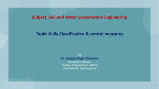 Subject: Soil and Water Conservation Engineering
Topic: Gully Classification & control measures
by
Dr. Sanjay Singh Chouhan
Assistant Professor
College of Agriculture, JNKVV,
Powarkheda, Hoshangabad
1
 