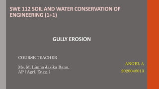 SWE 112 SOIL AND WATER CONSERVATION OF
ENGINEERING (1+1)
GULLY EROSION
ANGEL A
2020048013
COURSE TEACHER
Ms. M. Limna Jasika Banu,
AP ( Agrl. Engg. )
 