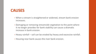 CAUSES
• When a stream is straightened or widened, stream bank erosion
increases.
• Damaging or removing streamside vegetation to the point where
it no longer provides for bank stability can cause a dramatic
increase in bank erosion.
• Heavy rainfall – soil can be eroded by heavy and excessive rainfall.
• Housing near bank causes the river bank erosion.
 