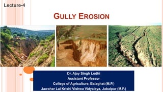 GULLY EROSION
Lecture-4
Dr. Ajay Singh Lodhi
Assistant Professor
College of Agriculture, Balaghat (M.P.)
Jawahar Lal Krishi Vishwa Vidyalaya, Jabalpur (M.P.)
 
