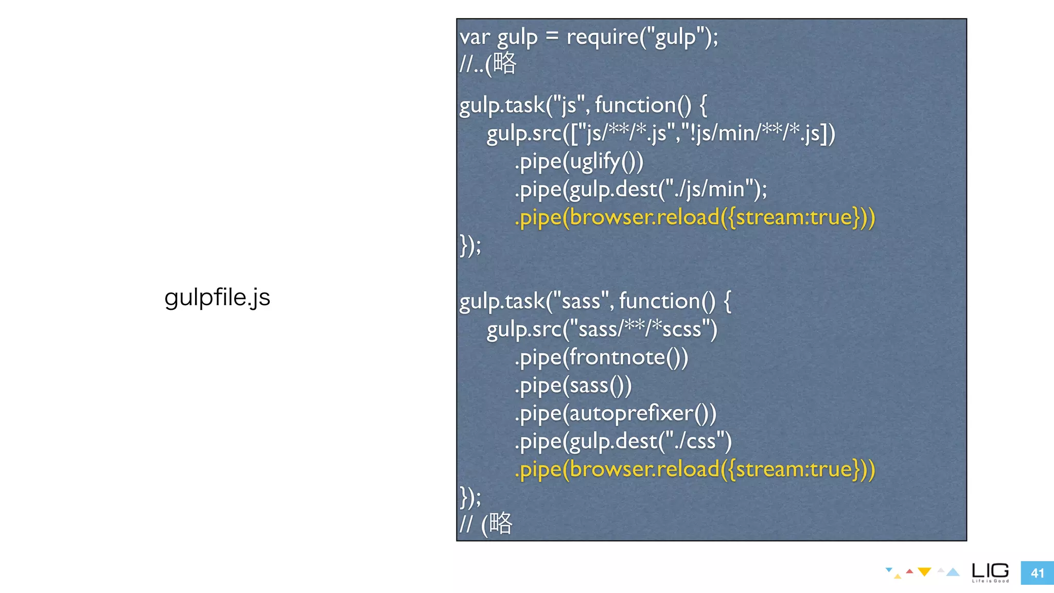 41 
gulpfile.js 
var gulp = require("gulp"); 
//..(略 
gulp.task("js", function() { 
gulp.src([“js/**/*.js””,”!js/min/**/*.js"]) 
.pipe(uglify()) 
.pipe(gulp.dest(“./js/min")) 
.pipe(browser.reload({stream:true})) 
}); 
! 
gulp.task("sass", function() { 
gulp.src("sass/**/*scss") 
.pipe(frontnote()) 
.pipe(sass()) 
.pipe(autoprefixer()) 
.pipe(gulp.dest(“./css")) 
.pipe(browser.reload({stream:true})) 
}); 
// (略 
 