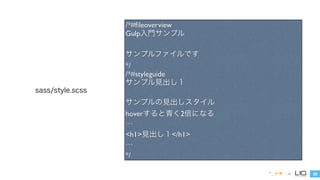 32 
sass/style.scss 
/* 
#overview 
Gulp入門サンプル 
!サンプルファイルです 
*/ 
/*#styleguide 
サンプル見出し１ 
!サンプルの見出しスタイル 
hoverすると青くなって10px動く 
``` 
<h1>見出し１</h1> 
``` 
*/ 
 