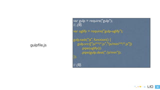 35 
gulpfile.js 
var gulp = require("gulp"); 
//..(略 
var uglify = require("gulp-uglify"); 
! 
gulp.task("js", function() { 
gulp.src(["js/**/*.js","!js/min/**/*.js"]) 
.pipe(uglify()) 
.pipe(gulp.dest("./js/min")); 
}); 
! 
// (略 
 