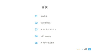 Gulpとは 
Gruntとの違い 
使うことのメリット 
5 
目次 
Let”s hands on 
カスタマイズ事例 
01 
02 
03 
04 
05 
 