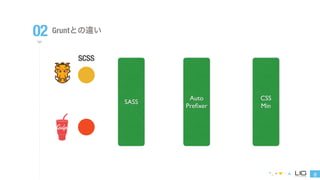 8 
02 Gruntとの違い 
SASS Auto 
Prefixer 
CSS 
Min 
SCSS 
コンパイル 
CSS出力 
コンパイル 
CSS出力 
圧縮完成 
SCSS 
Stream 完成 
コンパイルコンパイル圧縮 
 