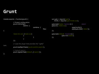 Grunt 
module.exports = function(grunt) { 
// Project configuration. 
grunt.initConfig({ 
cssmin: { 
combine: { 
files: 
{ 
'style.min.css': ['style.css'] 
} 
} 
} 
}); 
// Load the plugin that provides the "uglify" 
task. 
grunt.loadNpmTasks('grunt-contrib-cssmin'); 
// Default task(s). 
grunt.registerTask('default', ['cssmin']); 
}; 
Gulp 
var gulp = require('gulp'), 
minify = require('gulp-minify-css'); 
gulp.task('styles', function() { return 
gulp.src('./style.css') 
.pipe(minify()) 
.pipe(gulp.dest('./dist/')); 
}); 
gulp.task('default', function() { 
gulp.run('styles'); 
}); 
 