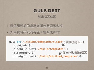 GULP.DEST
• 發佈編輯好的檔案在指定路徑資料夾
• 如果資料夾沒有存在，會幫忙新增
!
!
15
編譯後的 html
存 minify 後的檔案
輸出檔案位置
 