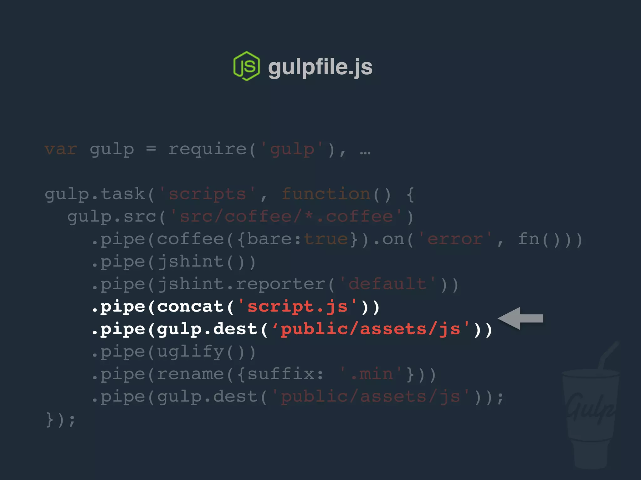 var gulp = require('gulp'), …
gulp.task('scripts', function() {
gulp.src('src/js/*.js')
.pipe(jshint())
.pipe(jshint.reporter('default'))
.pipe(concat('script.js'))
.pipe(gulp.dest('public/assets/js'))
.pipe(uglify())
.pipe(rename({suffix: '.min'}))
.pipe(gulp.dest('public/assets/js'));
});
gulpﬁle.js
 