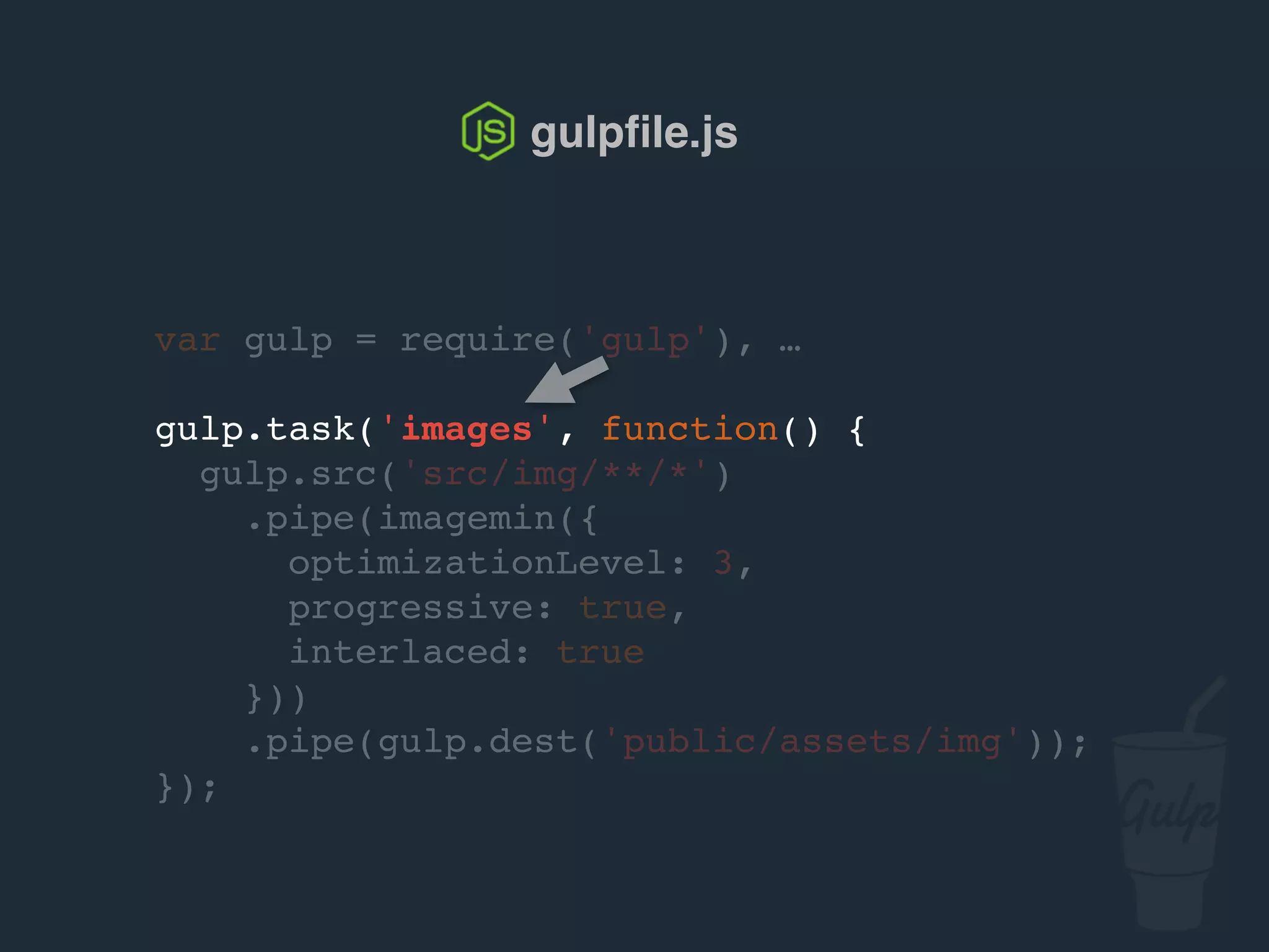 gulpﬁle.js
var gulp = require('gulp'), …
gulp.task('images', function() {
gulp.src('src/img/**/*')
.pipe(imagemin({
optimizationLevel: 3,
progressive: true,
interlaced: true
}))
.pipe(gulp.dest('public/assets/img'));
});
 