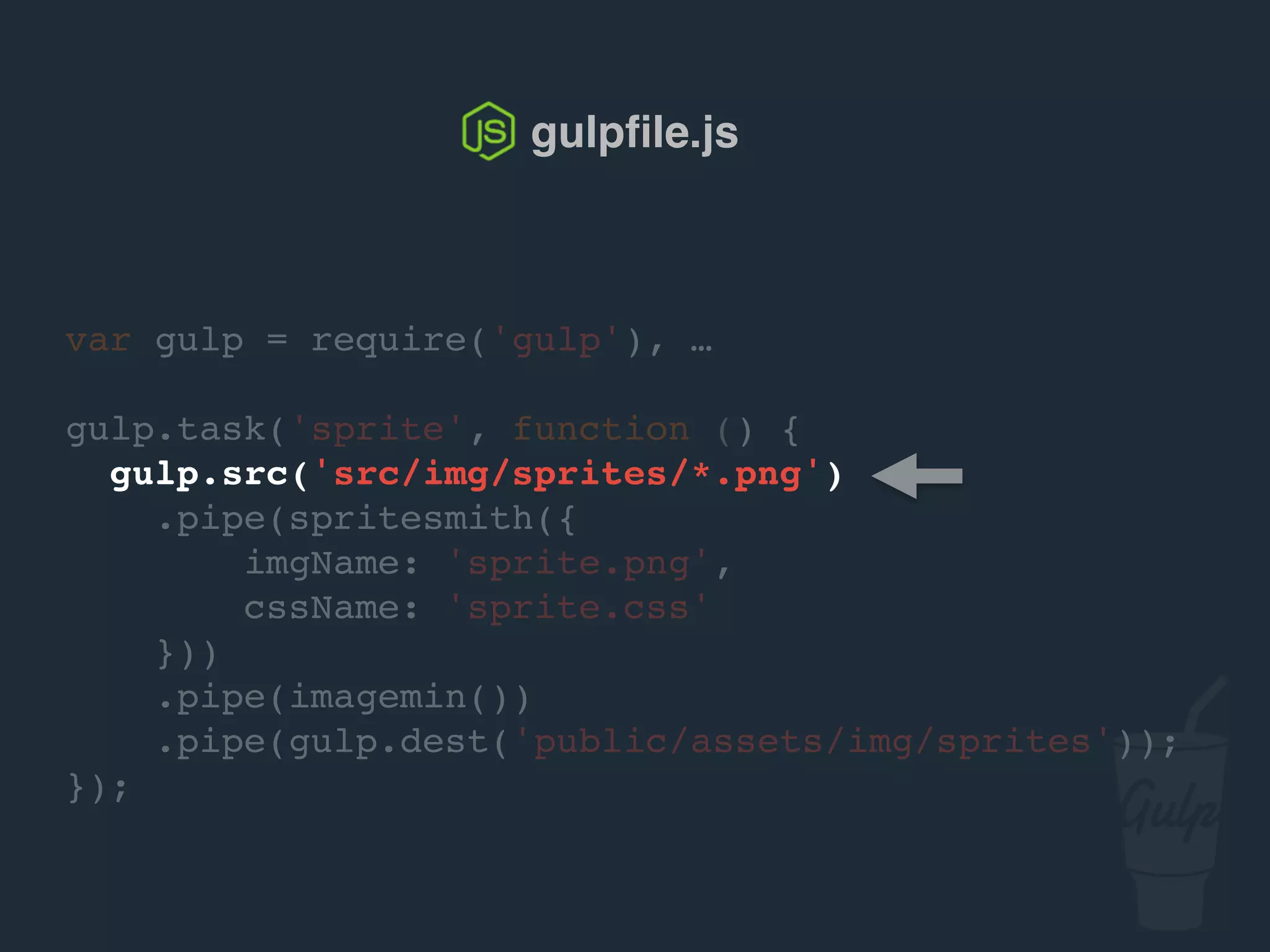 gulpﬁle.js
var gulp = require('gulp'), …
gulp.task('sprite', function () {
gulp.src('src/img/sprites/*.png')
.pipe(spritesmith({
imgName: 'sprite.png',
cssName: 'sprite.css'
}))
.pipe(gulp.dest('public/assets/img/sprites'));
});
 