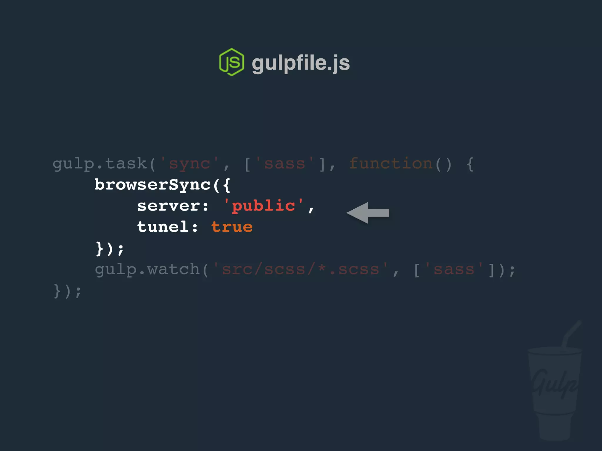 Ligne de commande
> gulp sync
[08:02:01] Using gulpfile ~/…/gulpfile.js
[08:02:01] Starting 'sass'...
[08:02:01] Finished 'sass' after 5.51 ms
[08:02:01] Starting 'sync'...
[08:02:02] Finished 'sync' after 21 ms
[BS] Access URLs:
----------------------------------
Local: http://localhost:3000
External: http://10.0.1.8:3000
----------------------------------
UI: http://localhost:3001
UI External: http://10.0.1.8:3001
----------------------------------
[BS] Serving files from: public
 