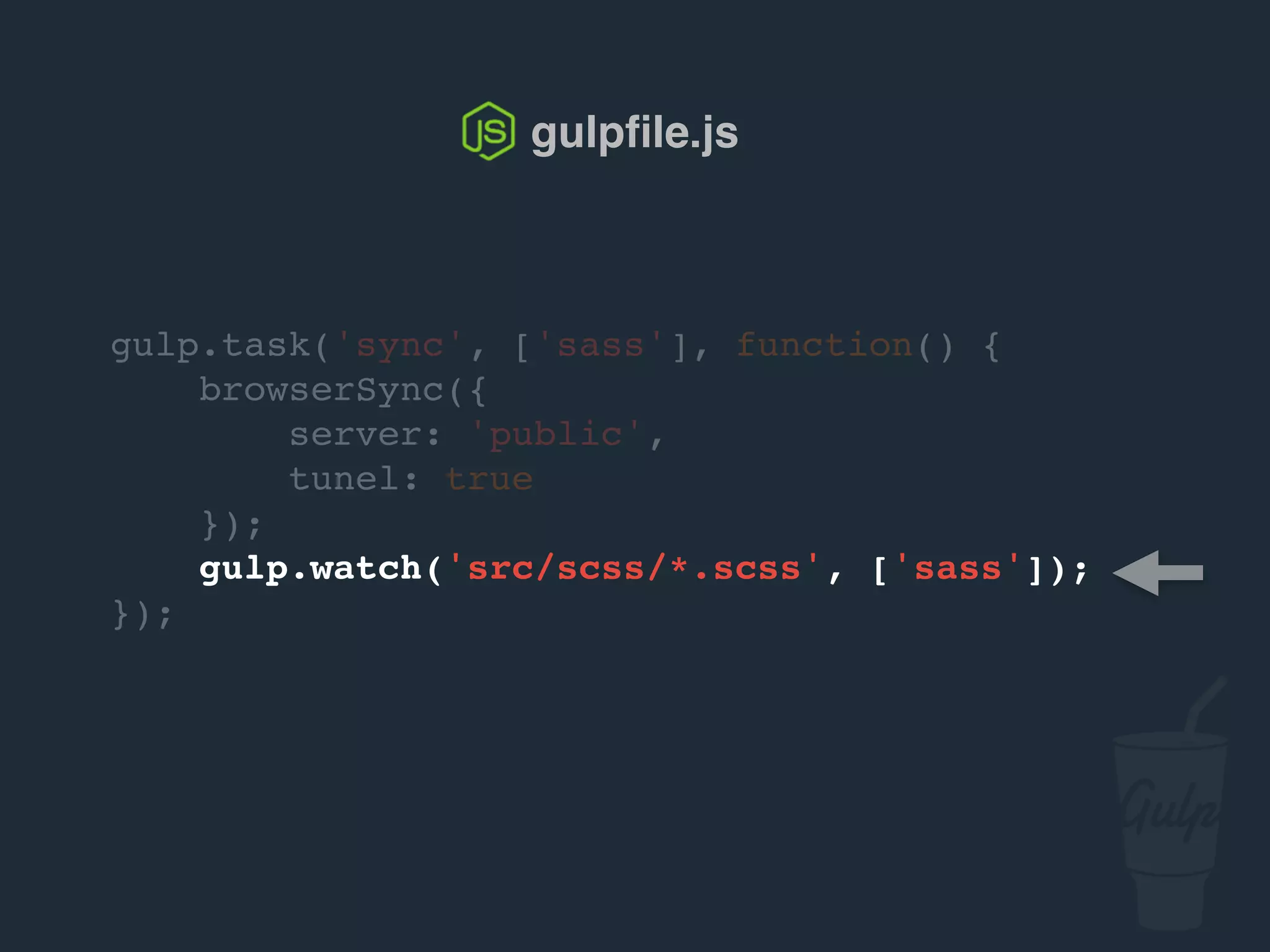 Ligne de commande
> gulp sync
[08:02:01] Using gulpfile ~/…/gulpfile.js
[08:02:01] Starting 'sass'...
[08:02:01] Finished 'sass' after 5.51 ms
[08:02:01] Starting 'sync'...
[08:02:02] Finished 'sync' after 21 ms
[BS] Access URLs:
----------------------------------
Local: http://localhost:3000
External: http://10.0.1.8:3000
----------------------------------
UI: http://localhost:3001
UI External: http://10.0.1.8:3001
----------------------------------
[BS] Serving files from: public
 