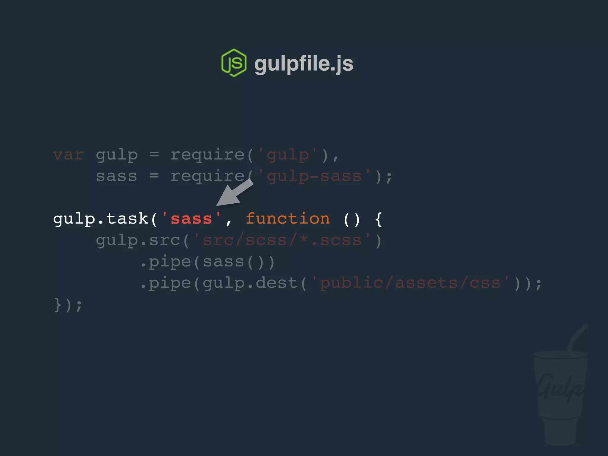 var gulp = require('gulp'),
sass = require('gulp-sass');
gulp.task('sass', function () {
gulp.src('src/scss/*.scss')
.pipe(sass())
.pipe(gulp.dest('public/assets/css'));
});
gulpﬁle.js
 