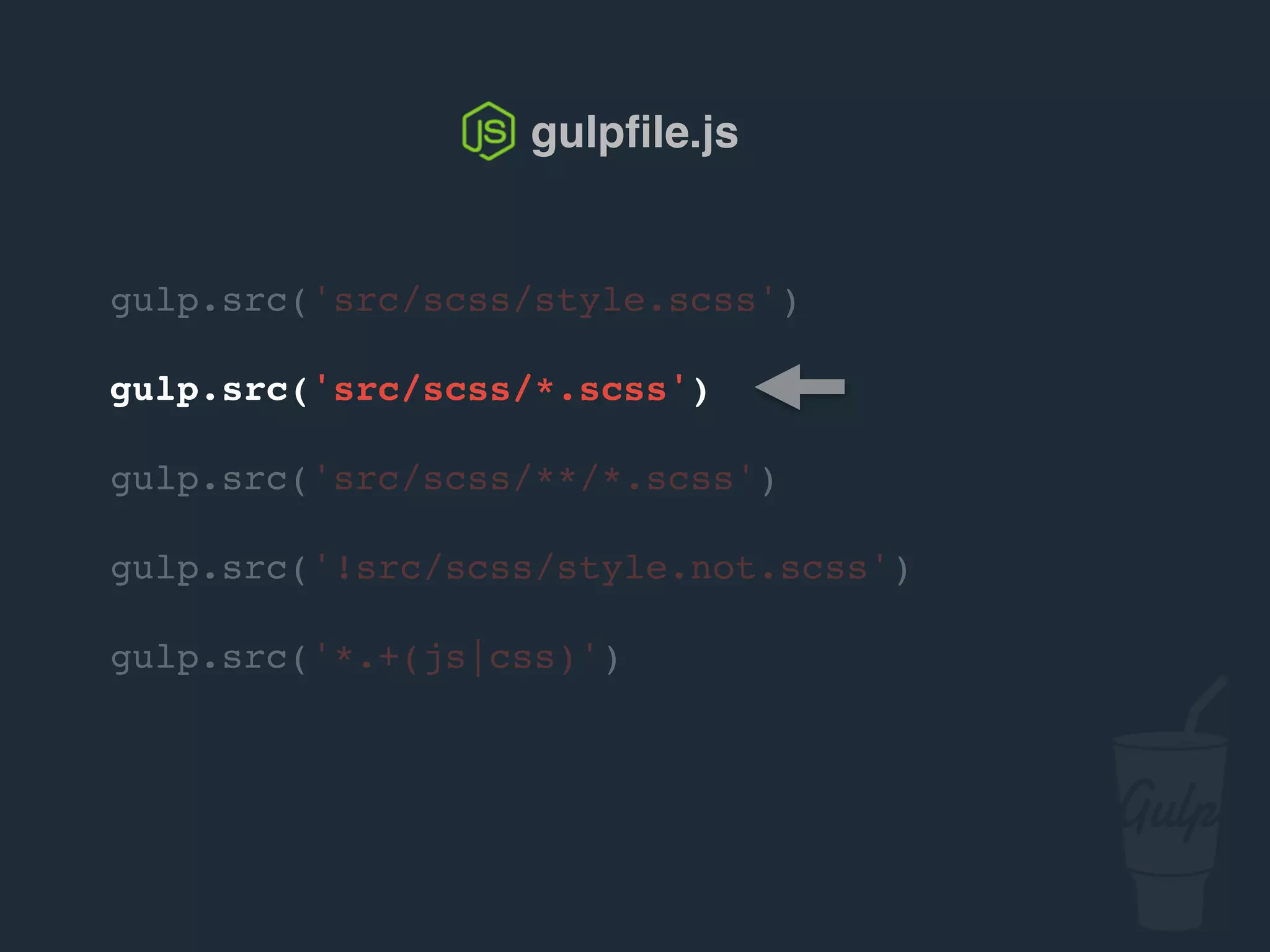 gulp.src('src/scss/style.scss')
gulp.src('src/scss/*.scss')
gulp.src('src/scss/**/*.scss')
gulp.src('!src/scss/style.not.scss')
gulp.src('*.+(js|css)')
gulpﬁle.js
 